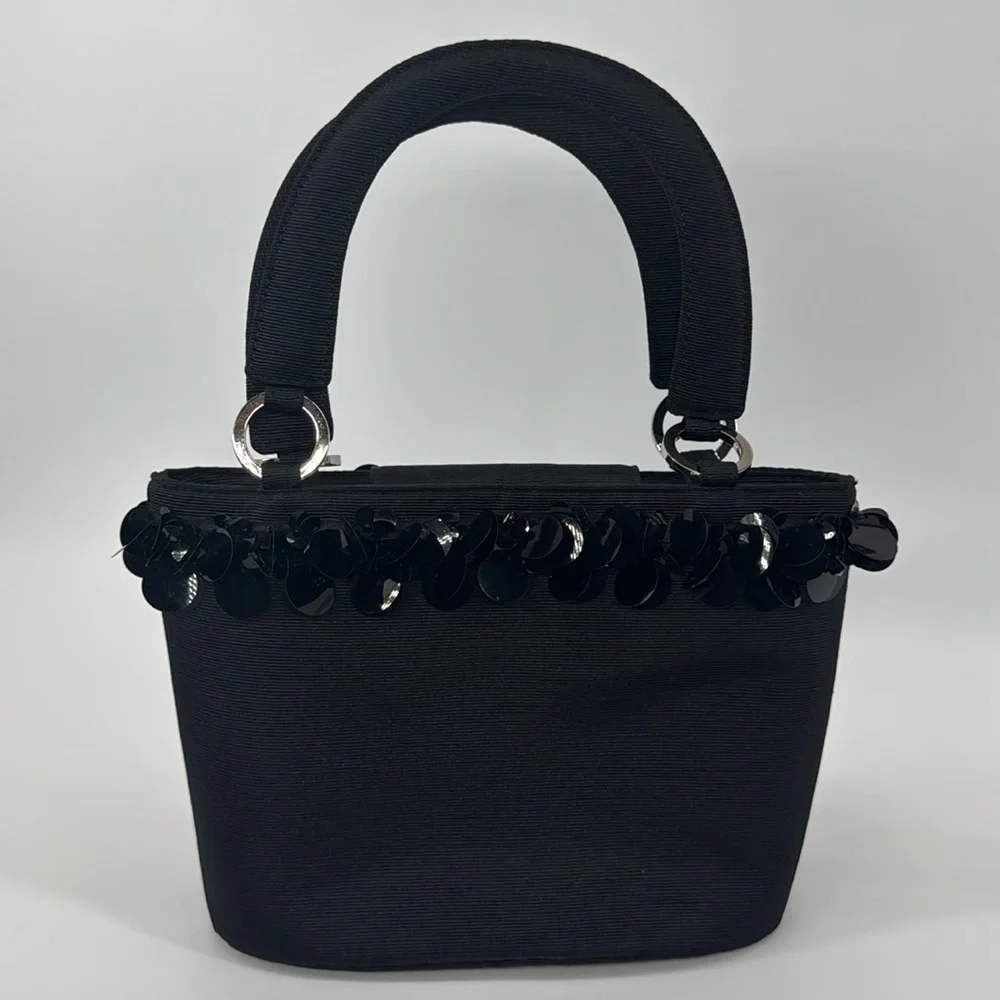 TALBOTS BLACK GROSGRAIN SATIN & BIG DANGLE SEQUINS, BEADED BAG, HANDBAG